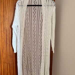 Open Knit Long Cardigan Duster in White